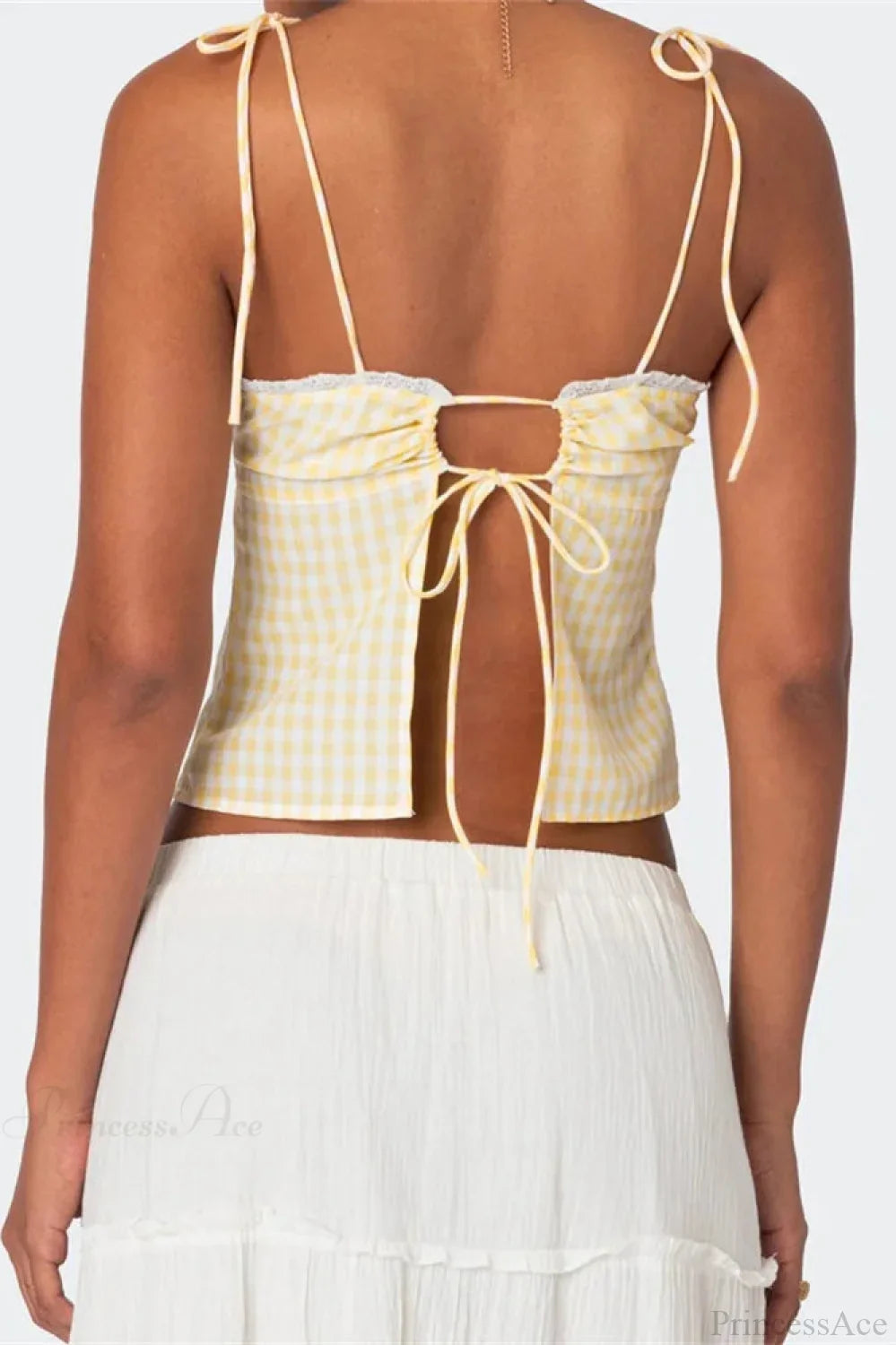 Plaid Tie-up Backless Ruched V-neck Crop Top image 4