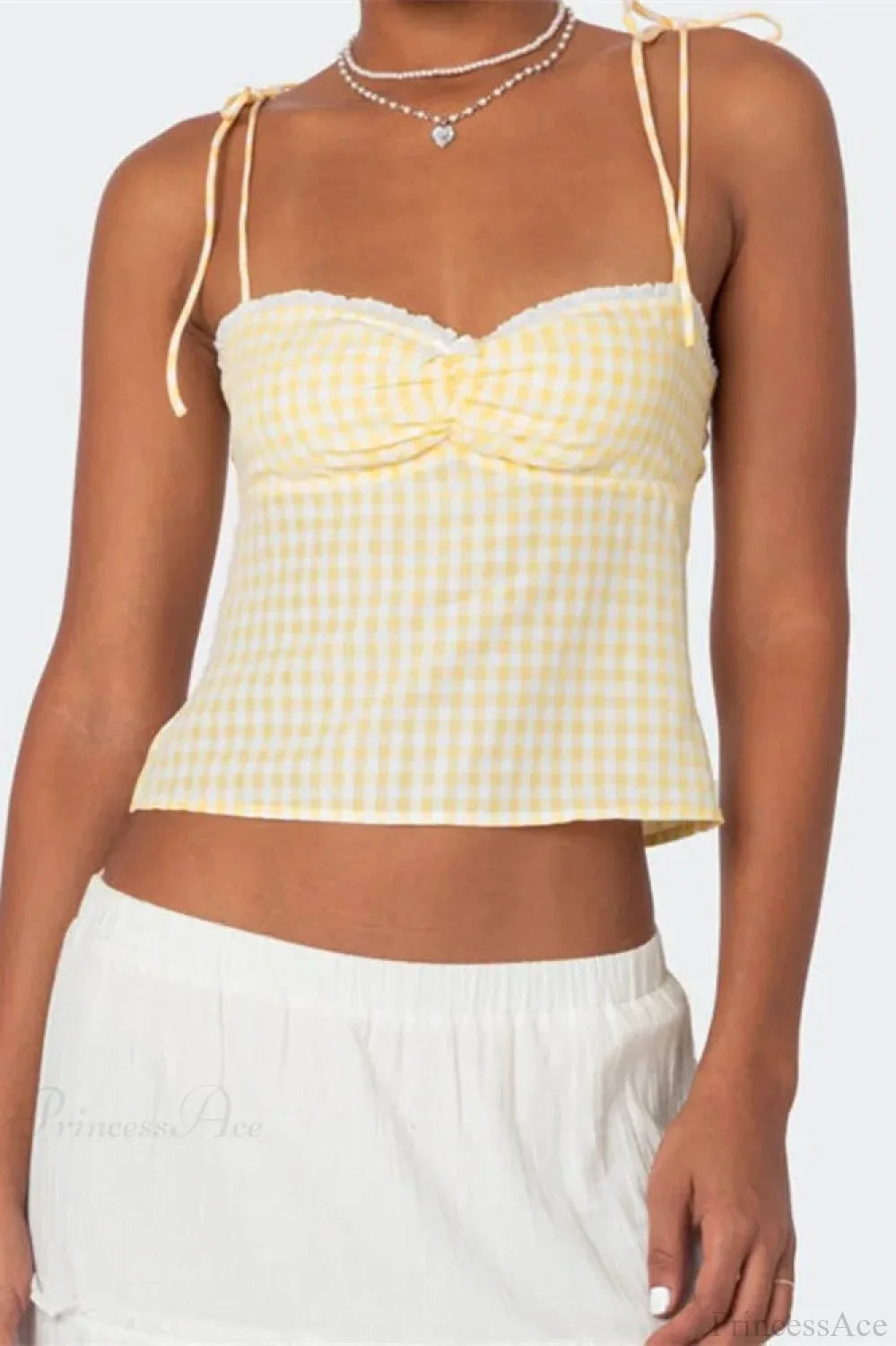 Plaid Tie-up Backless Ruched V-neck Crop Top image 3