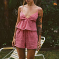 Plaid V Neck Backless Tie-Up Camis Elastic Waist Shorts Two Pieces Set image 5