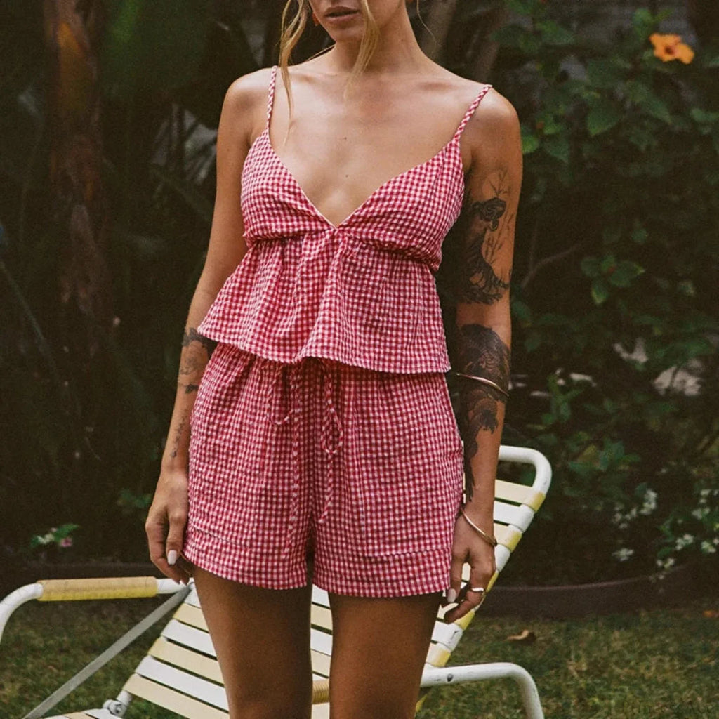 Plaid V Neck Backless Tie-Up Camis Elastic Waist Shorts Two Pieces Set image 1