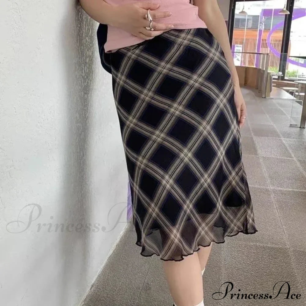 Plaid Vintage Ruffle Mid Skirt Aesthetics Tulle Skirt image 2