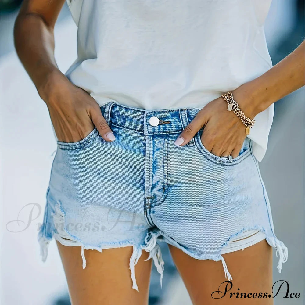 Plain Frayed Trim Denim Shorts Fringe Hem Slant Pockets Casual Short Denim Jean image 6