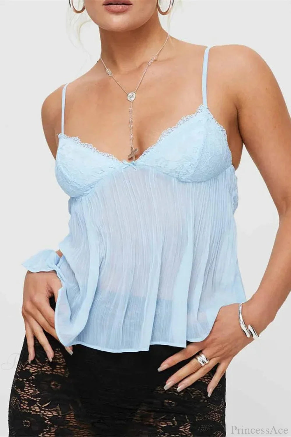 Pleated Bowknot Lace See-through Crop Top image 1