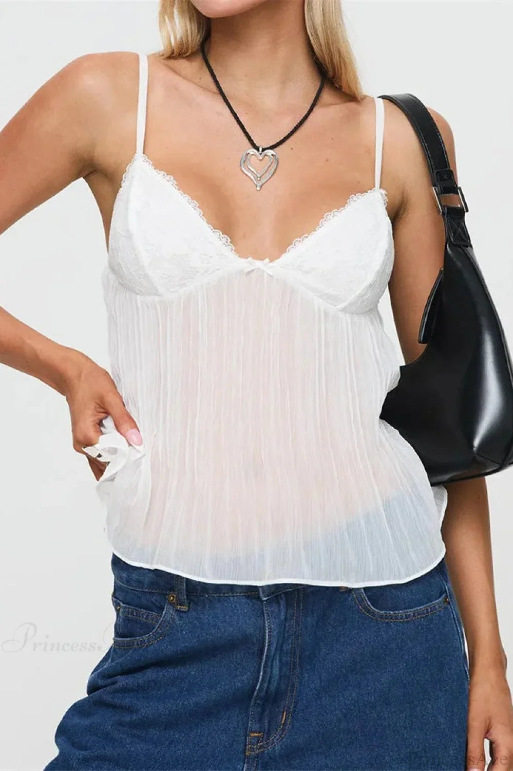 Pleated Bowknot Lace See-through Crop Top image 5