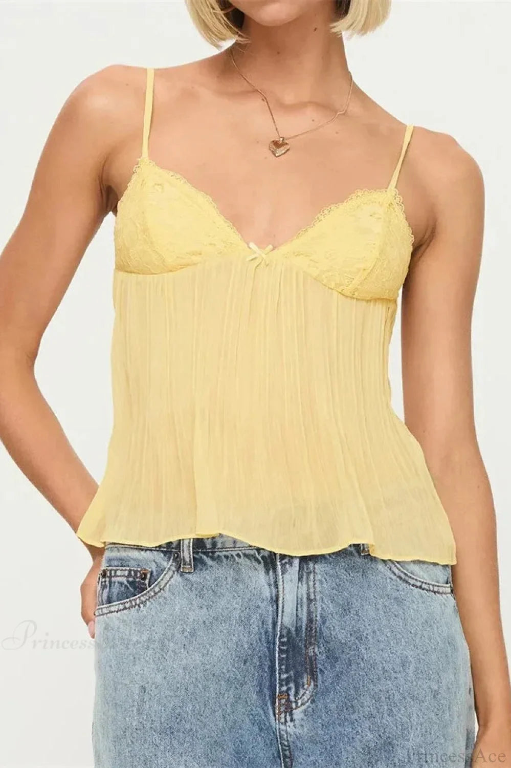 Pleated Bowknot Lace See-through Crop Top image 3