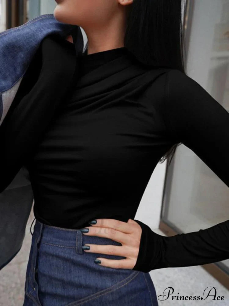 pleated color sleeve long Solid slim fit neck round T-shirt image 6