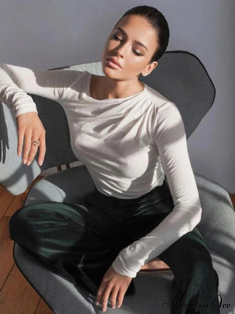 pleated color sleeve long Solid slim fit neck round T-shirt image 2