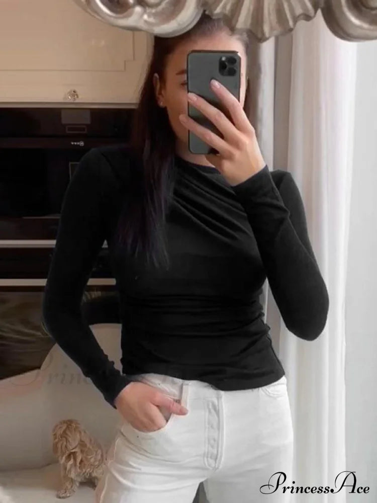 pleated color sleeve long Solid slim fit neck round T-shirt image 8