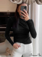 pleated color sleeve long Solid slim fit neck round T-shirt image 8