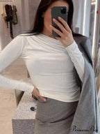pleated color sleeve long Solid slim fit neck round T-shirt image 3