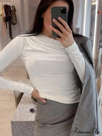pleated color sleeve long Solid slim fit neck round T-shirt image 5