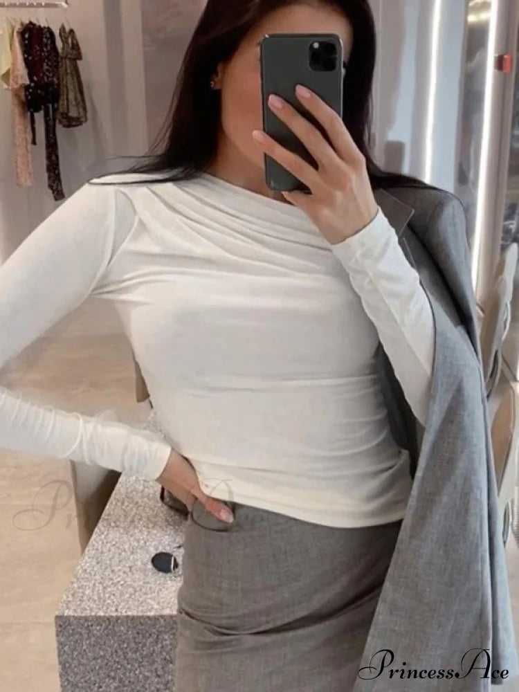 pleated color sleeve long Solid slim fit neck round T-shirt image 5