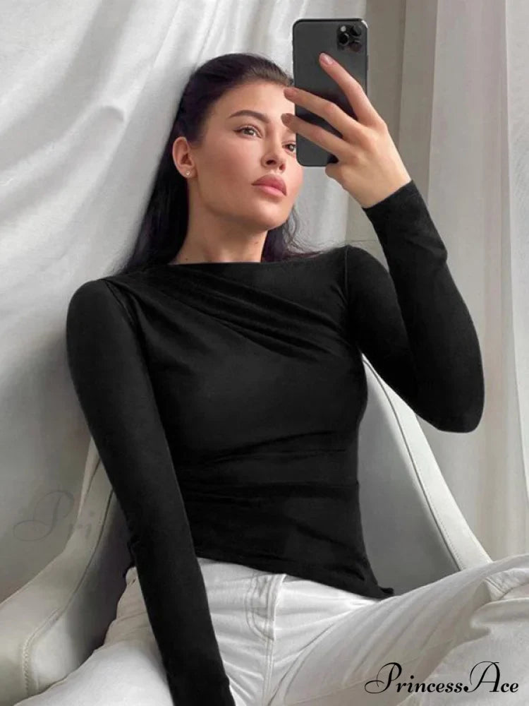 pleated color sleeve long Solid slim fit neck round T-shirt image 10