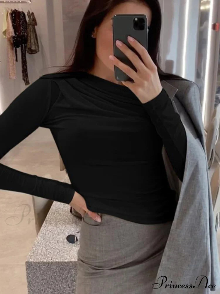 pleated color sleeve long Solid slim fit neck round T-shirt image 9