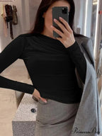 pleated color sleeve long Solid slim fit neck round T-shirt image 9