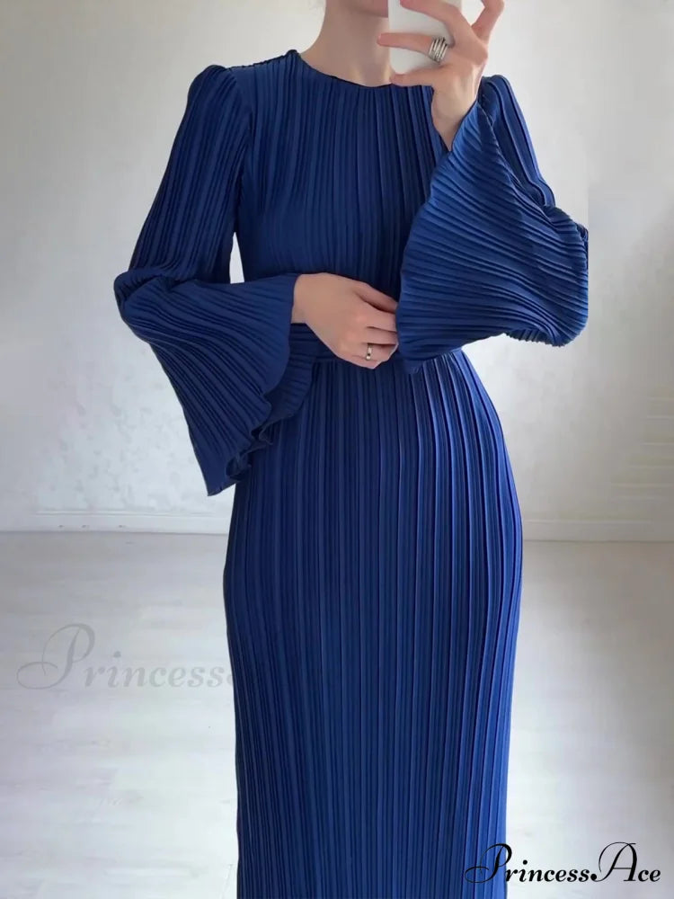 Pleated Ruffle Crew Neck Long Sleeve Casual Dress image 4