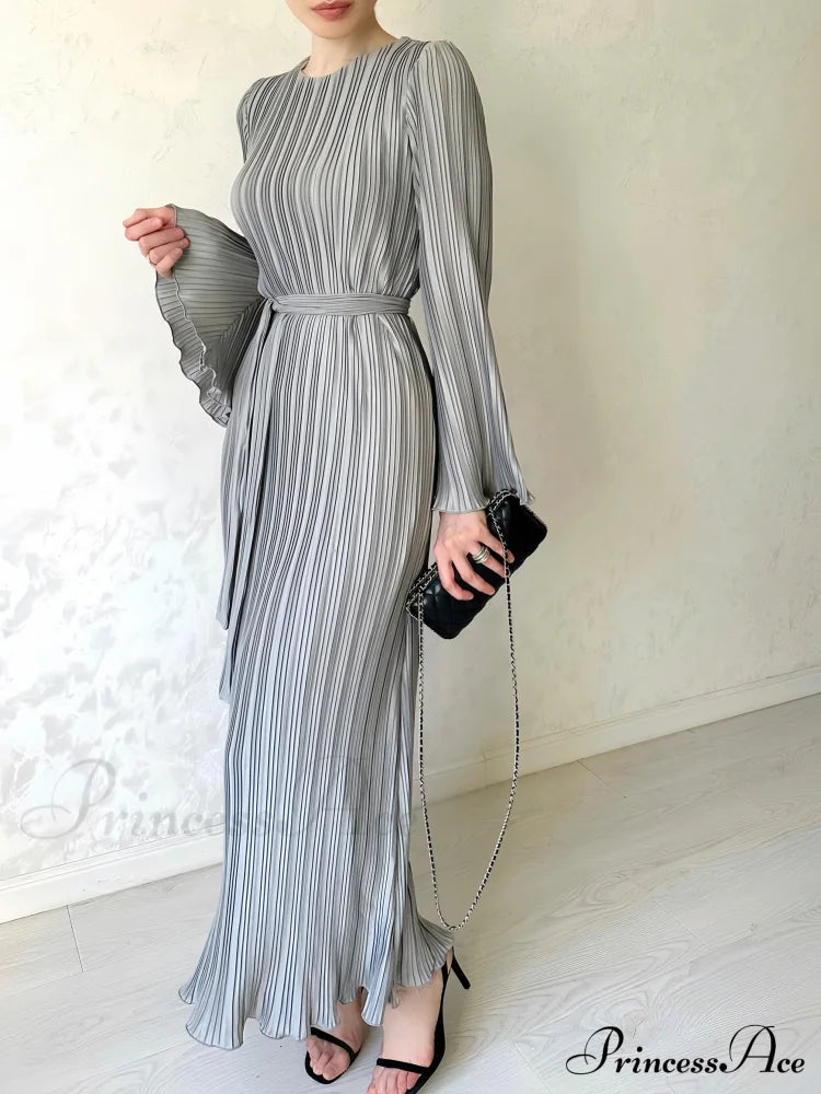 Pleated Ruffle Crew Neck Long Sleeve Casual Dress image 1