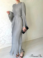 Pleated Ruffle Crew Neck Long Sleeve Casual Dress image 1