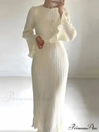 Pleated Ruffle Crew Neck Long Sleeve Casual Dress image 2