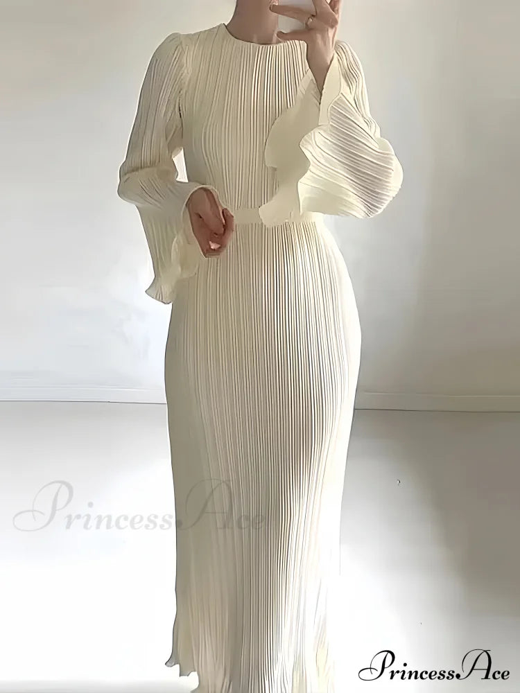 Pleated Ruffle Crew Neck Long Sleeve Casual Dress image 2