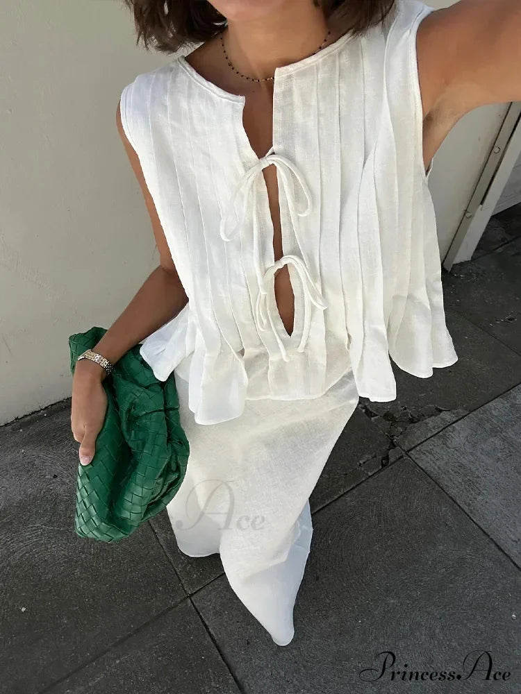 Pleated Tie Up Sleeveless Graceful Top And Midi Skirt Set image 2