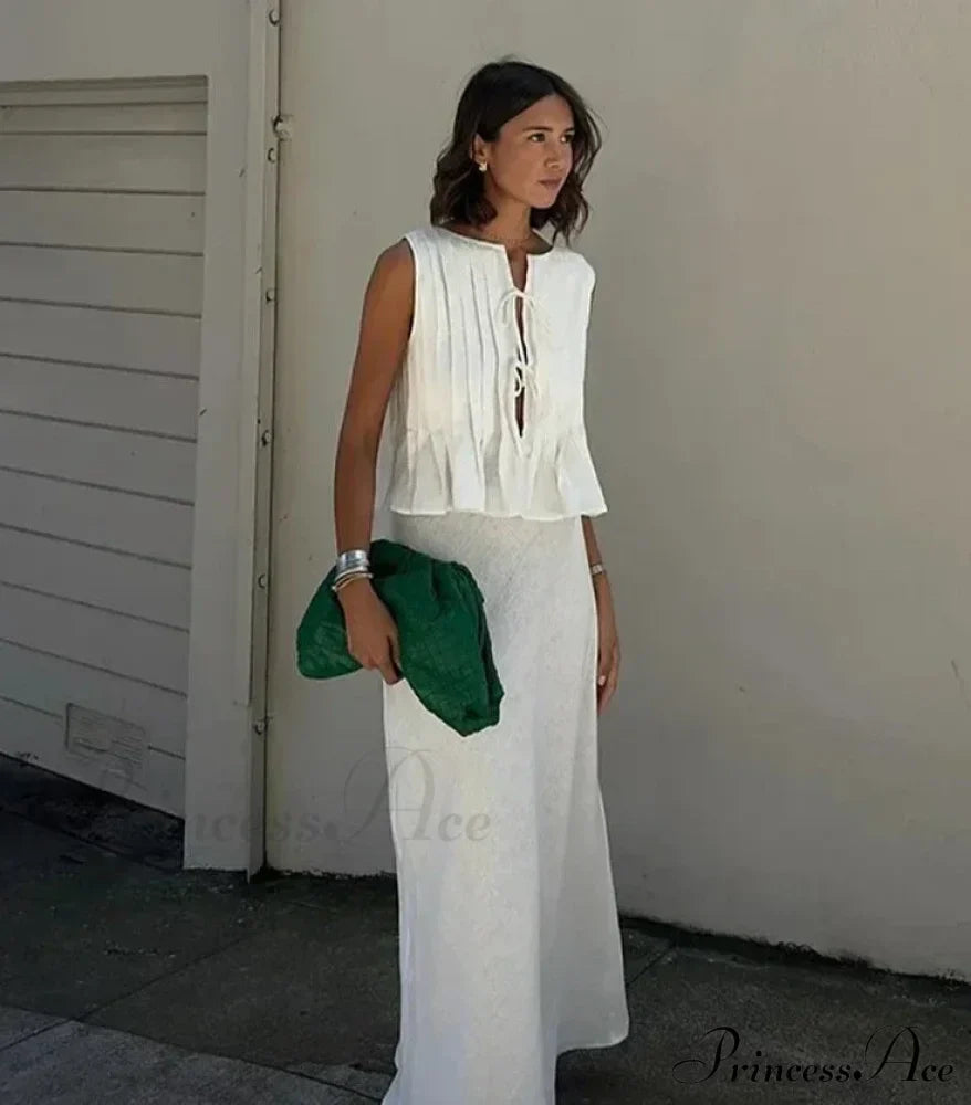 Pleated Tie Up Sleeveless Graceful Top And Midi Skirt Set image 1