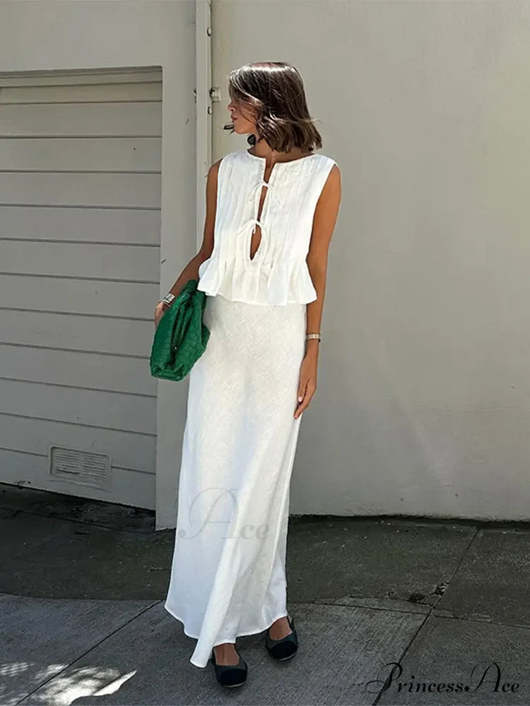 Pleated Tie Up Sleeveless Graceful Top And Midi Skirt Set image 4