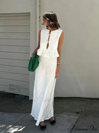 Pleated Tie Up Sleeveless Graceful Top And Midi Skirt Set image 4