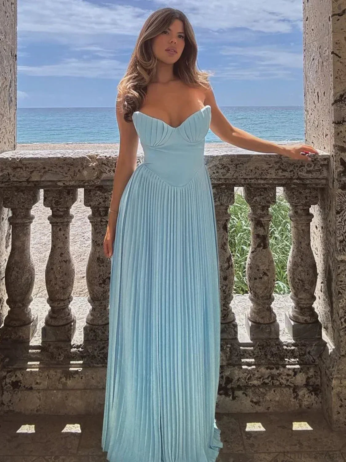 Pleated Waist Wrap A-line Maxi Vacation Dress image 1
