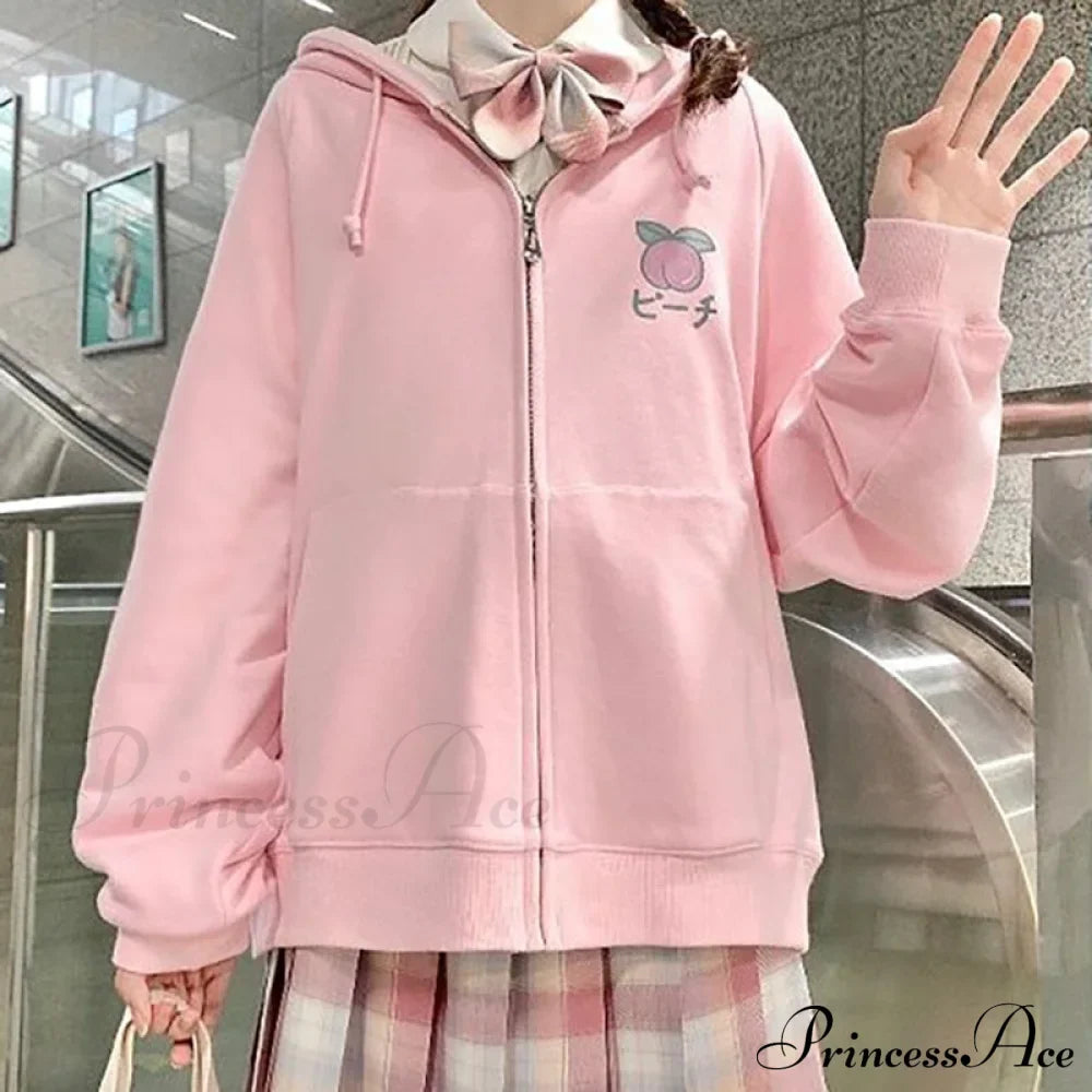 Plus Hoodie Design Women Fruit Sweatshirt Harajuku Loose Thin Zipper Sweet Pink Pocket Cute Size Spring Clothes image 2