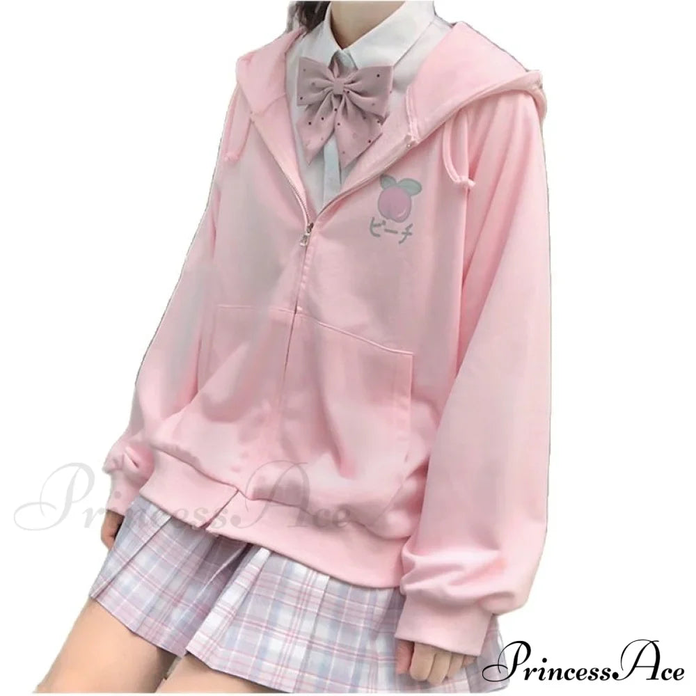 Plus Hoodie Design Women Fruit Sweatshirt Harajuku Loose Thin Zipper Sweet Pink Pocket Cute Size Spring Clothes image 1