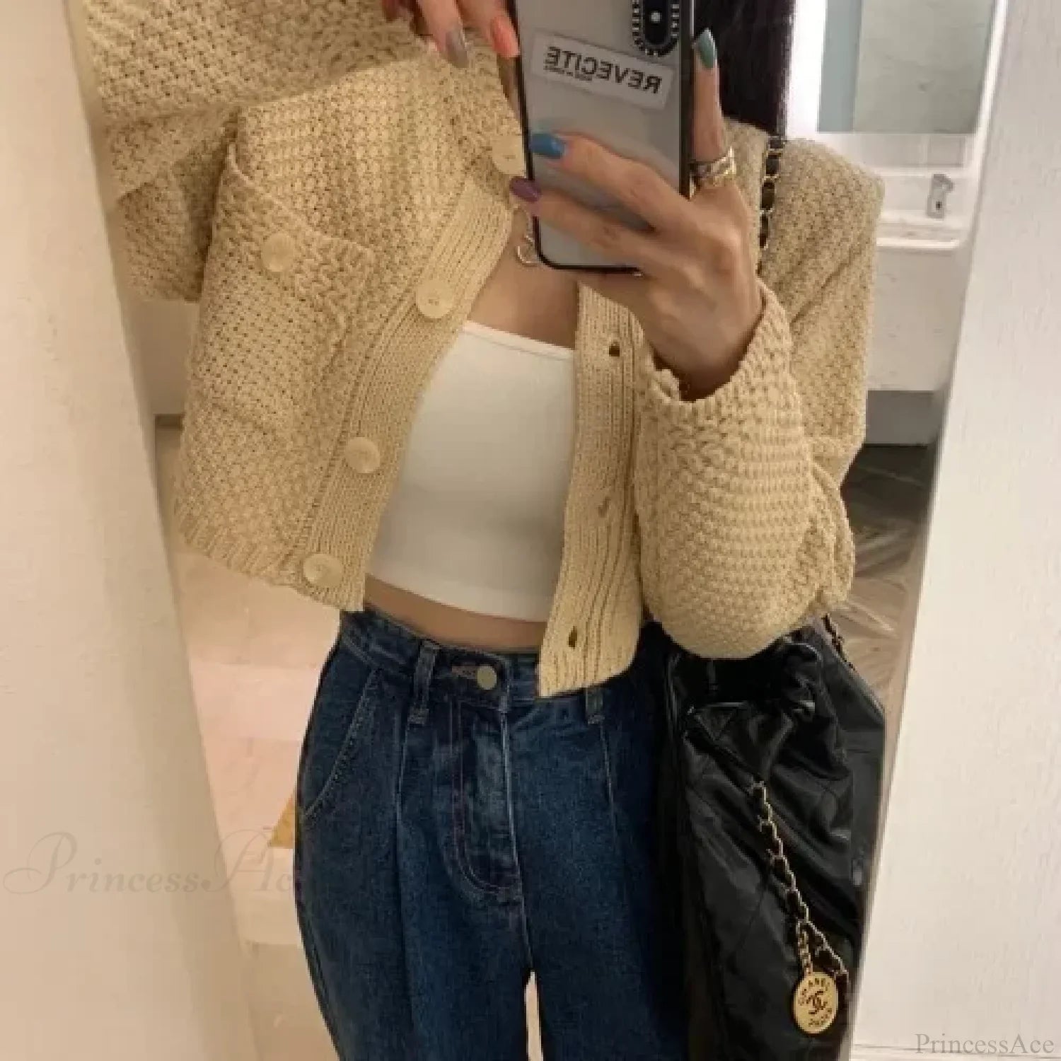 Pocket Cropped Solid O-Neck Knit Cardigan image 9