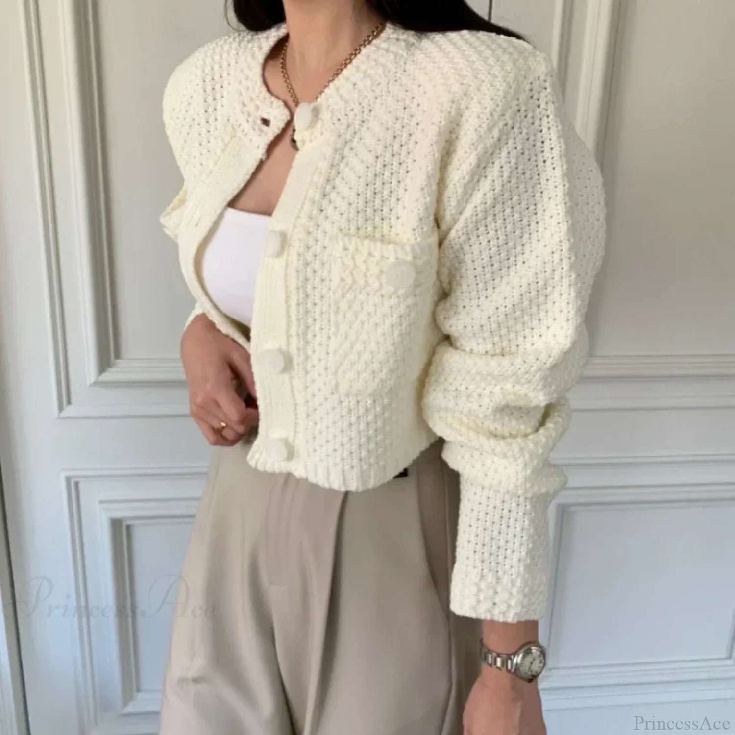 Pocket Cropped Solid O-Neck Knit Cardigan image 5