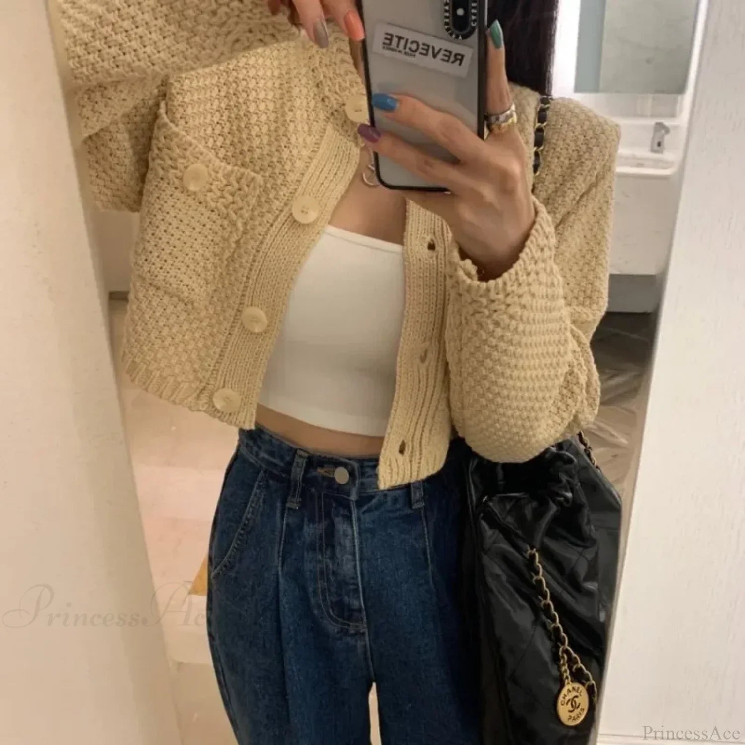 Pocket Cropped Solid O-Neck Knit Cardigan image 4