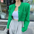 Pocket Cropped Solid O-Neck Knit Cardigan image 2