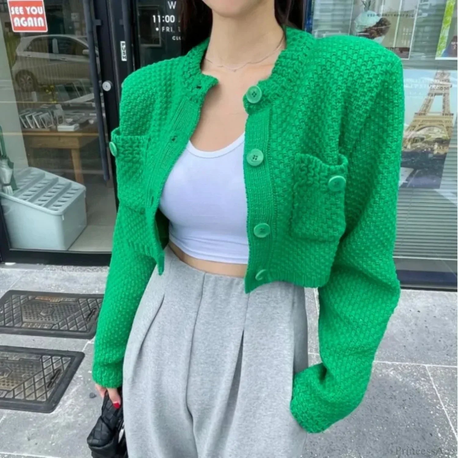 Pocket Cropped Solid O-Neck Knit Cardigan image 2