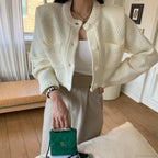 Pocket Cropped Solid O-Neck Knit Cardigan image 6