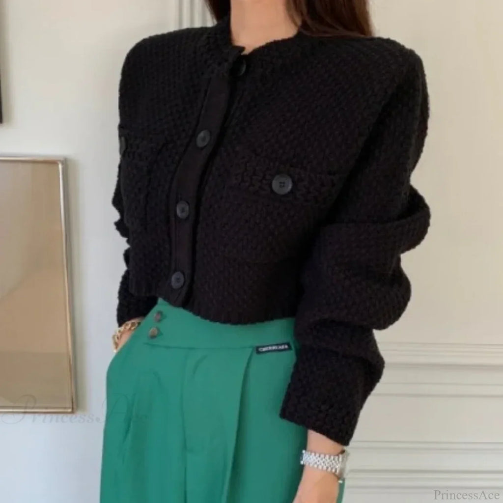 Pocket Cropped Solid O-Neck Knit Cardigan image 3