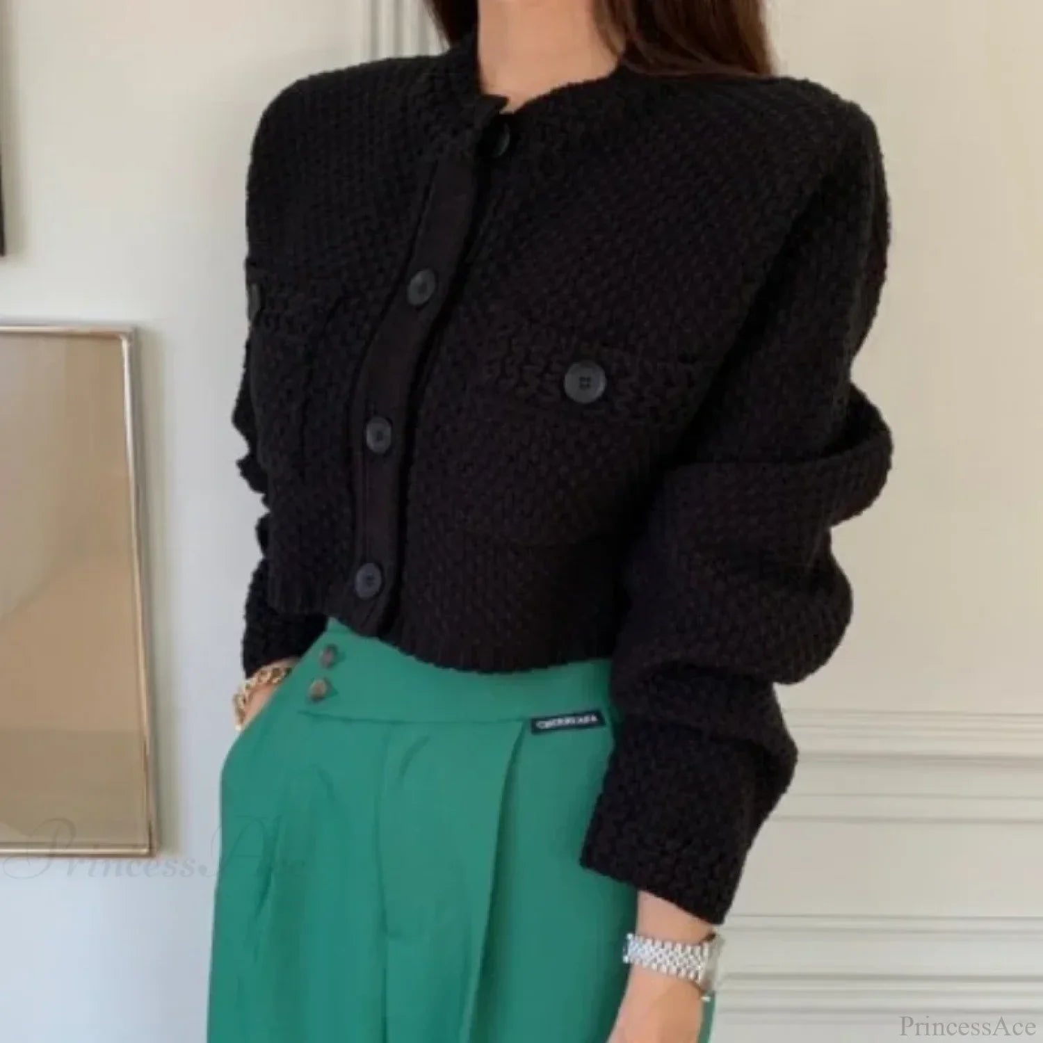 Pocket Cropped Solid O-Neck Knit Cardigan image 3