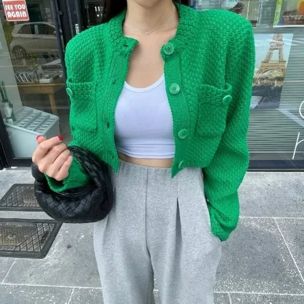 Pocket Cropped Solid O-Neck Knit Cardigan image 7