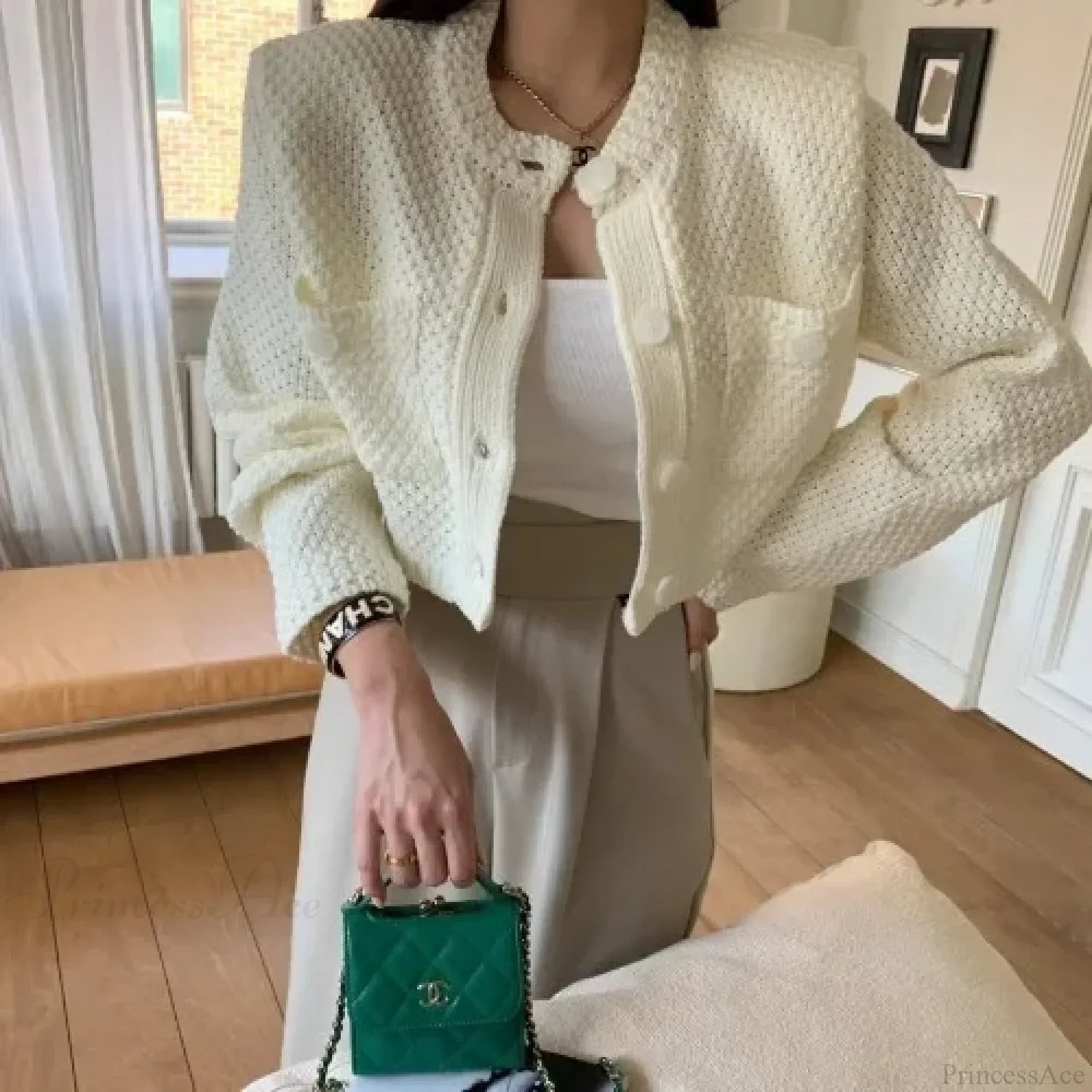 Pocket Cropped Solid O-Neck Knit Cardigan image 10