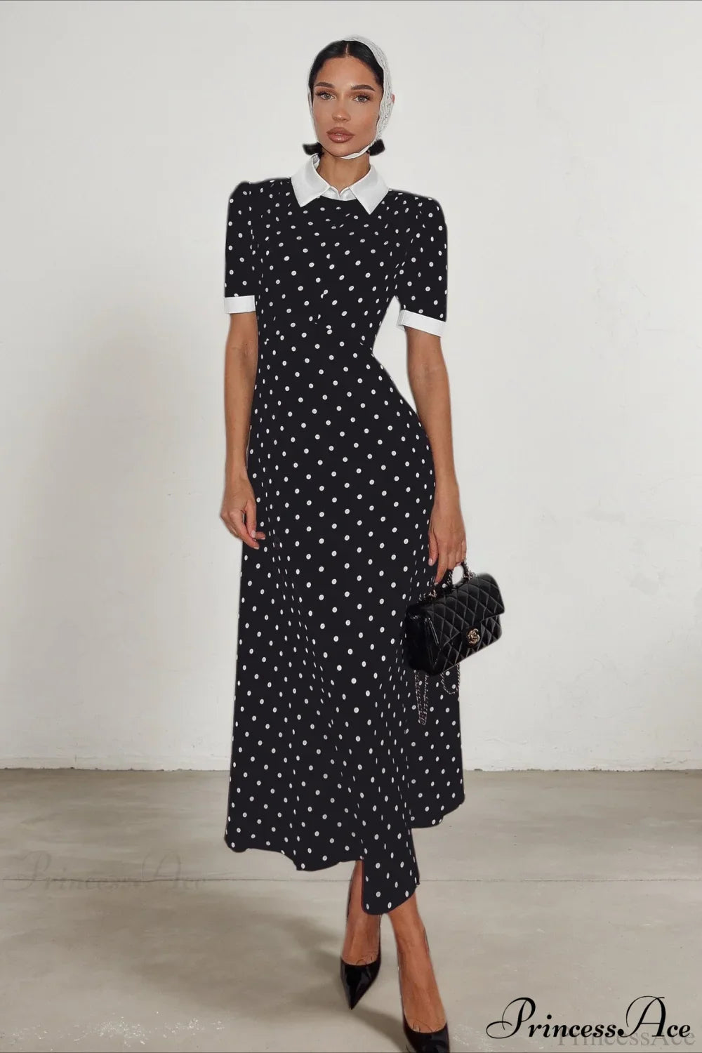 Polka Dot A Line Color Block Ruched Waist Maxi Dress image 2