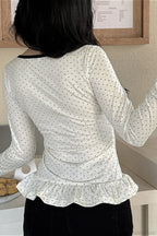 Polka Dot Bow Front Ruffle Fitted Long Sleeve Tee image 3