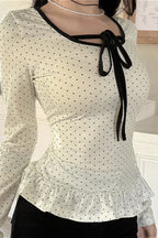 Polka Dot Bow Front Ruffle Fitted Long Sleeve Tee image 2