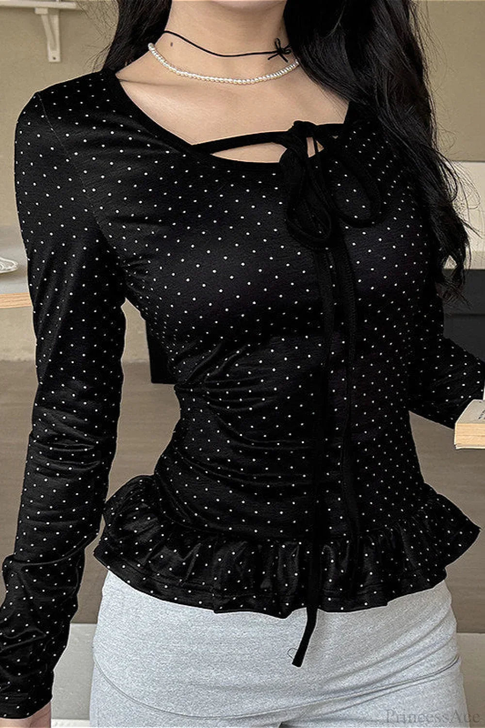 Polka Dot Bow Front Ruffle Fitted Long Sleeve Tee image 5