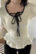 Polka Dot Bow Front Ruffle Fitted Long Sleeve Tee image 1