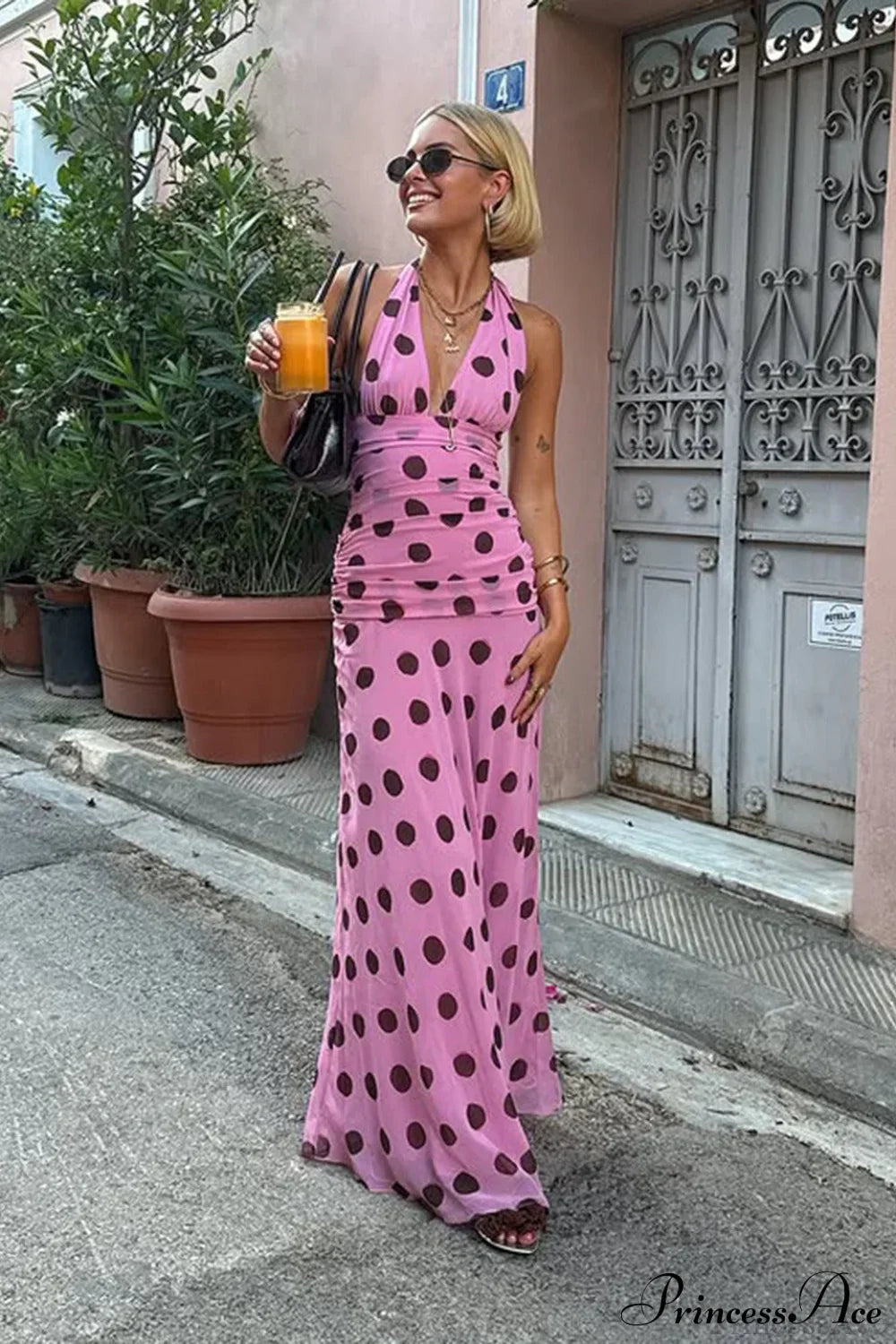 Polka Dot Halter V-Neck Color Block Bodycon Maxi Dress image 2