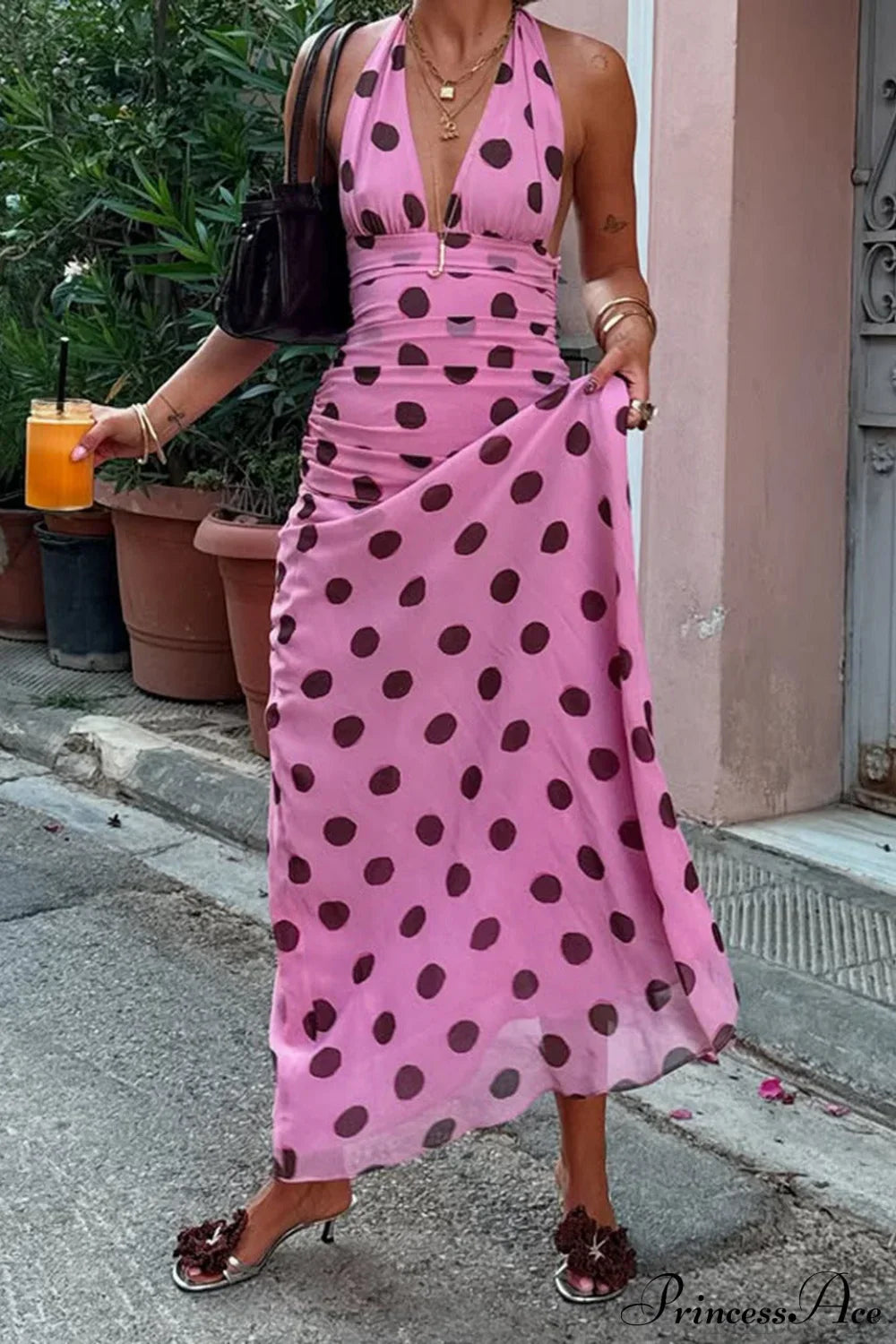 Polka Dot Halter V-Neck Color Block Bodycon Maxi Dress image 3