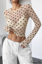Polka Dot Mesh Slim Fit Long Sleeve Crop Top image 1