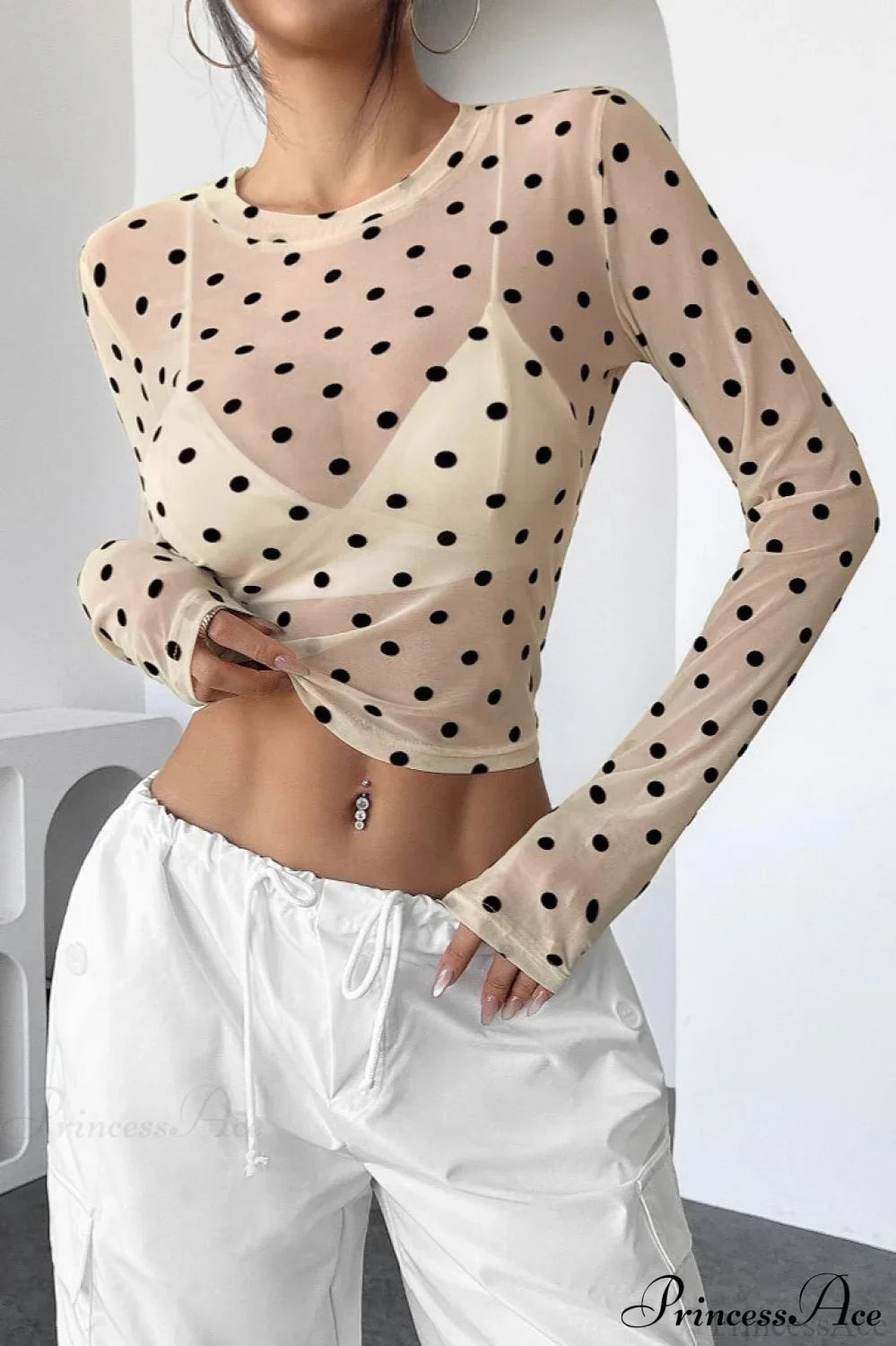 Polka Dot Mesh Slim Fit Long Sleeve Crop Top image 1